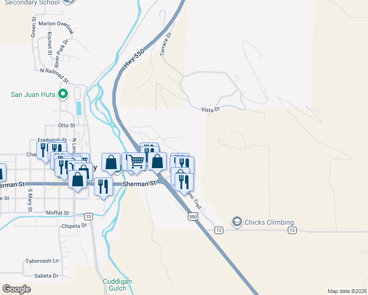 map of restaurants, bars, coffee shops, grocery stores, and more near 120 Redcliff Dr in Ridgway