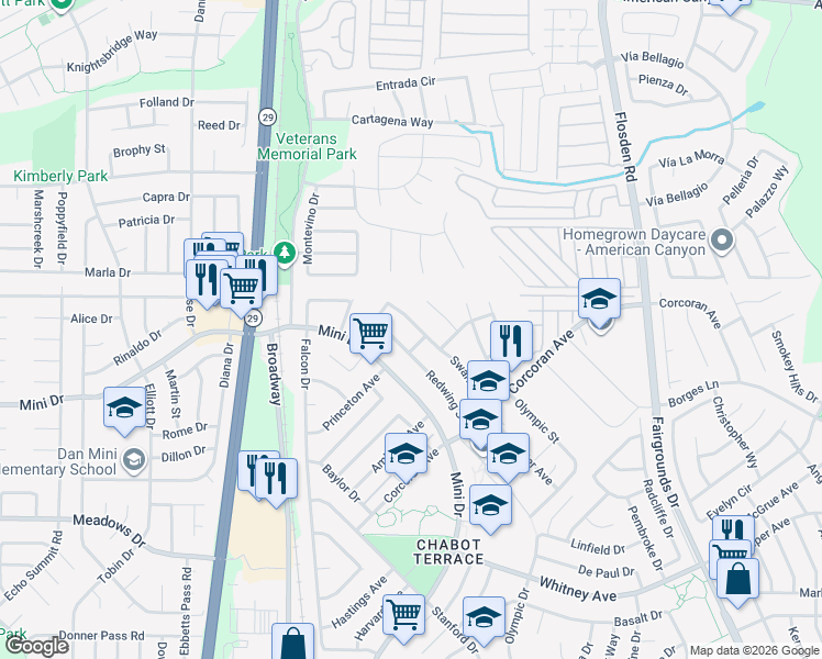 map of restaurants, bars, coffee shops, grocery stores, and more near 345 Swan Way in Vallejo