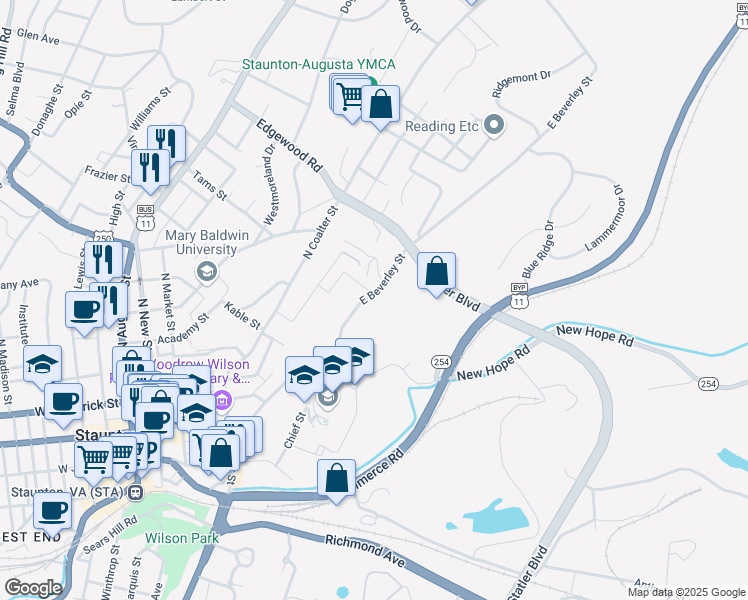 map of restaurants, bars, coffee shops, grocery stores, and more near 650 East Beverley Street in Staunton