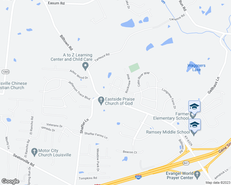 map of restaurants, bars, coffee shops, grocery stores, and more near 6705 Bluffview Circle in Louisville