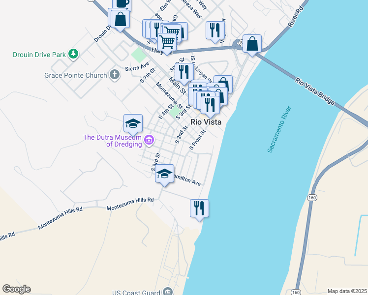 map of restaurants, bars, coffee shops, grocery stores, and more near 125 Bruning Avenue in Rio Vista