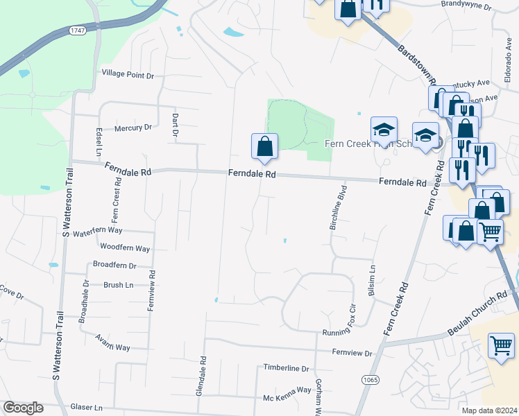 map of restaurants, bars, coffee shops, grocery stores, and more near 6452 Renate Road in Louisville