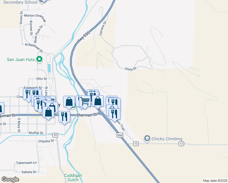 map of restaurants, bars, coffee shops, grocery stores, and more near 120 Redcliff Dr in Ridgway