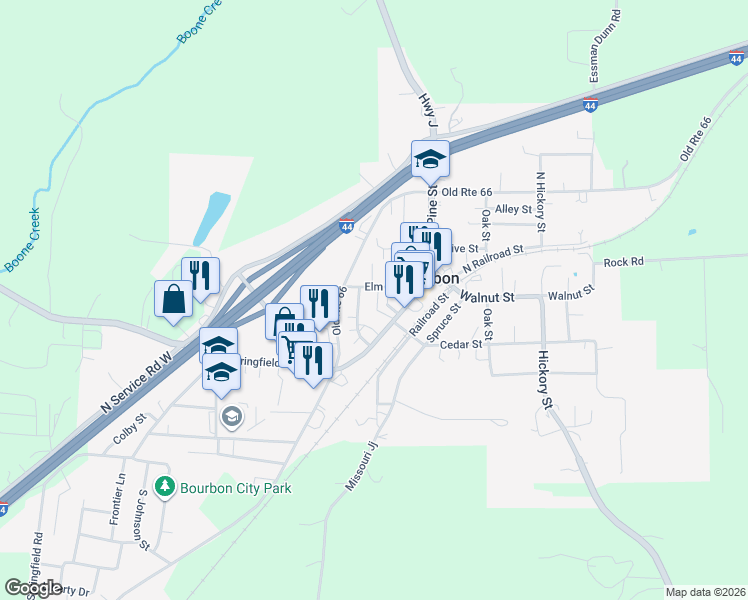map of restaurants, bars, coffee shops, grocery stores, and more near 270 Merkel Street in Bourbon