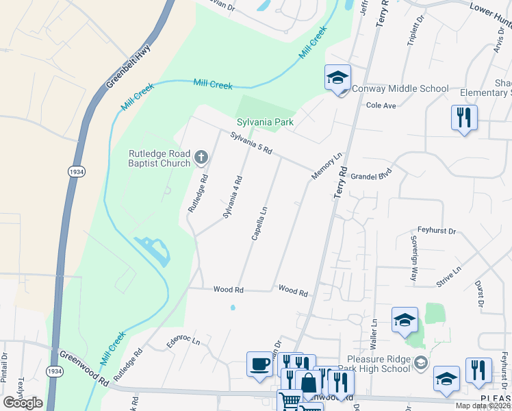 map of restaurants, bars, coffee shops, grocery stores, and more near 6802 Capella Lane in Louisville