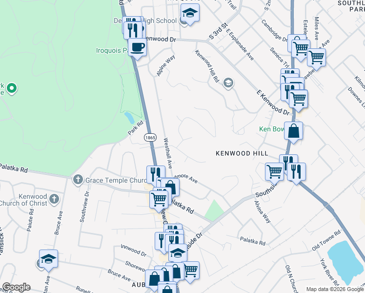map of restaurants, bars, coffee shops, grocery stores, and more near 605 Wilderness Road in Louisville