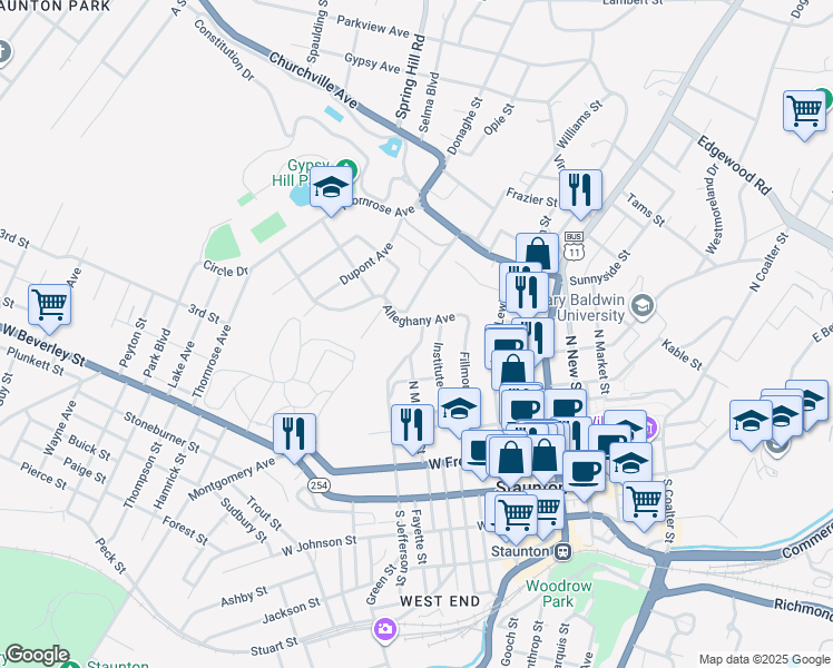map of restaurants, bars, coffee shops, grocery stores, and more near 344 North Madison Street in Staunton