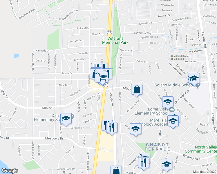 map of restaurants, bars, coffee shops, grocery stores, and more near 5200 Sonoma Boulevard in Vallejo