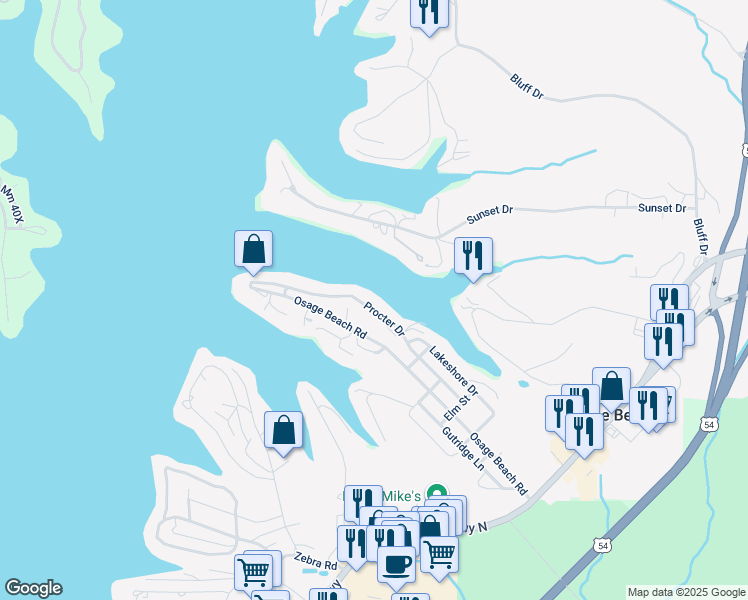 map of restaurants, bars, coffee shops, grocery stores, and more near 1242 Procter Drive in Osage Beach