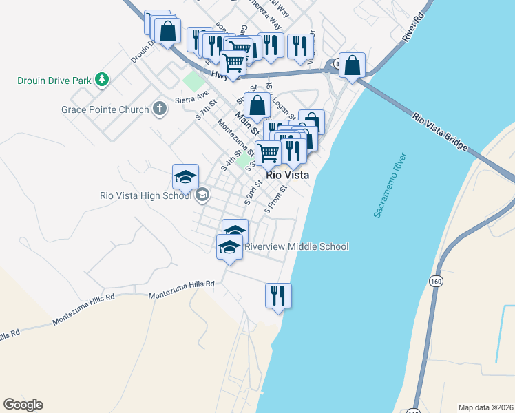 map of restaurants, bars, coffee shops, grocery stores, and more near 125 Bruning Avenue in Rio Vista