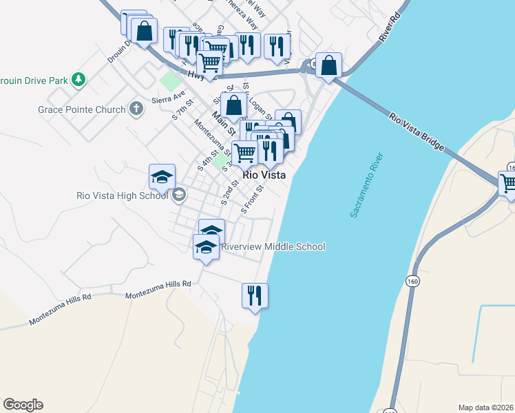 map of restaurants, bars, coffee shops, grocery stores, and more near 78 Bruning Avenue in Rio Vista