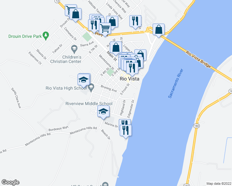 map of restaurants, bars, coffee shops, grocery stores, and more near 125 Bruning Avenue in Rio Vista