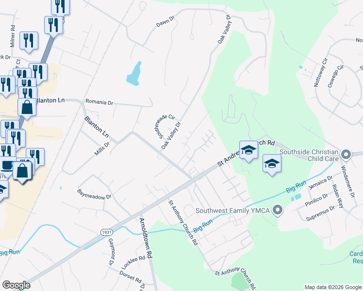 map of restaurants, bars, coffee shops, grocery stores, and more near 7618 Rosemary Lane in Louisville