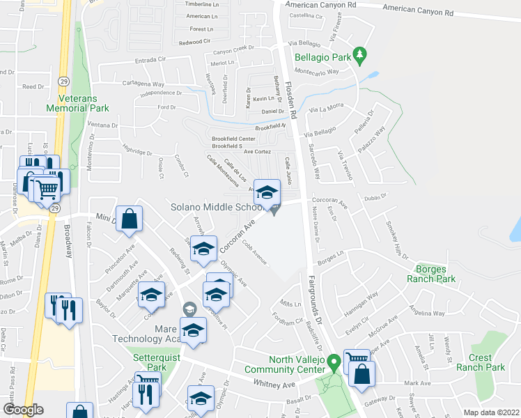 map of restaurants, bars, coffee shops, grocery stores, and more near 164 Marble Court in Vallejo
