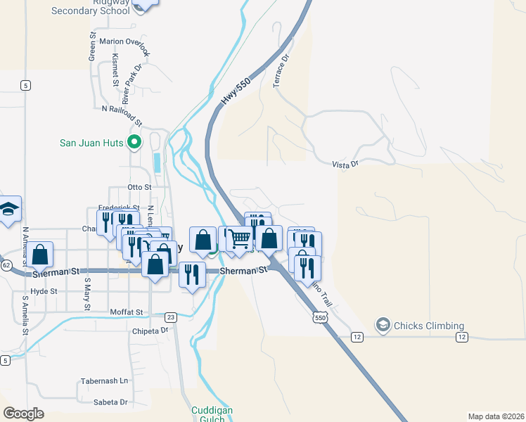 map of restaurants, bars, coffee shops, grocery stores, and more near 23226-23652 U.S. 550 in Ridgway