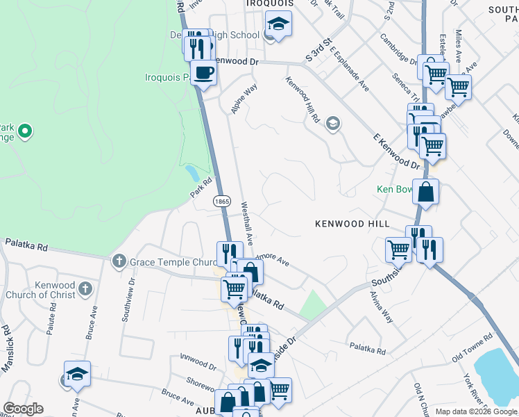 map of restaurants, bars, coffee shops, grocery stores, and more near 605 Wilderness Road in Louisville