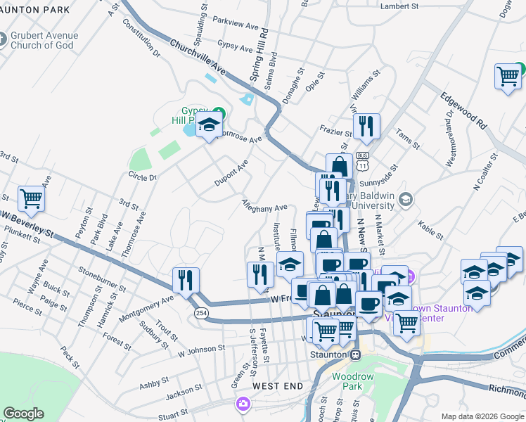 map of restaurants, bars, coffee shops, grocery stores, and more near 350 North Madison Street in Staunton