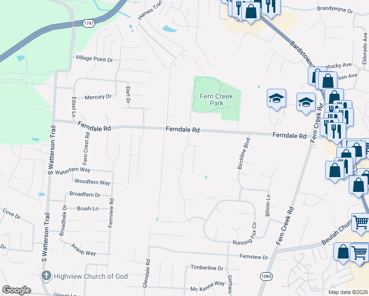 map of restaurants, bars, coffee shops, grocery stores, and more near 6452 Renate Road in Louisville