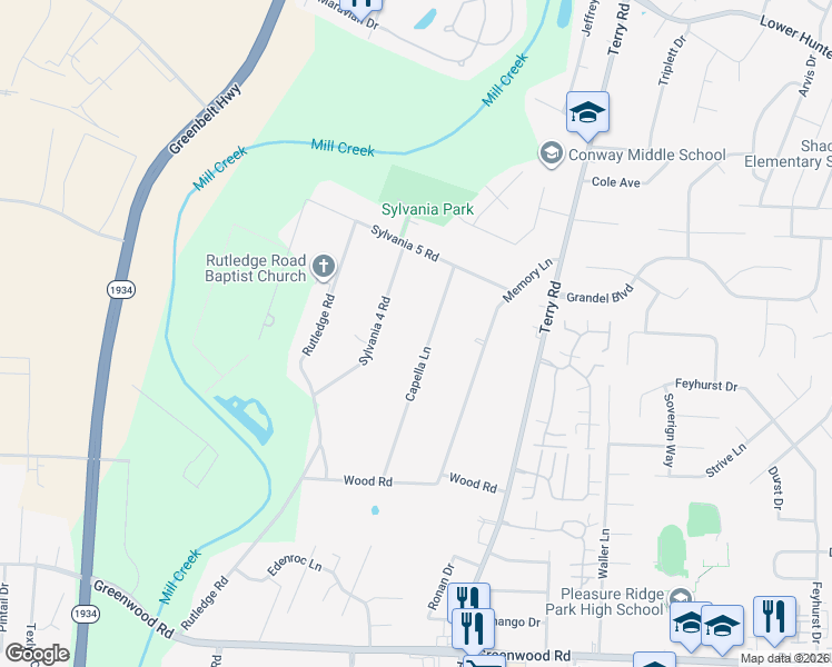 map of restaurants, bars, coffee shops, grocery stores, and more near 6802 Capella Lane in Louisville