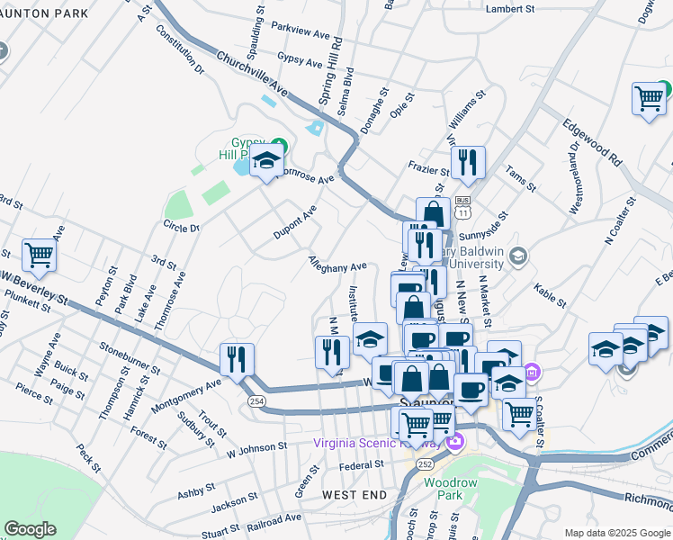 map of restaurants, bars, coffee shops, grocery stores, and more near 344 North Madison Street in Staunton