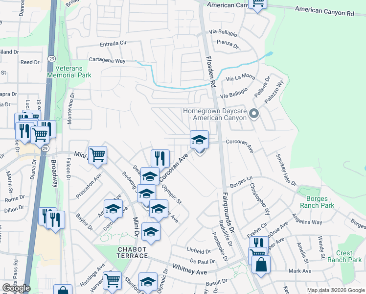 map of restaurants, bars, coffee shops, grocery stores, and more near 164 Marble Court in Vallejo