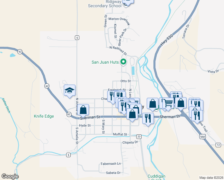 map of restaurants, bars, coffee shops, grocery stores, and more near North Laura Street in Ridgway