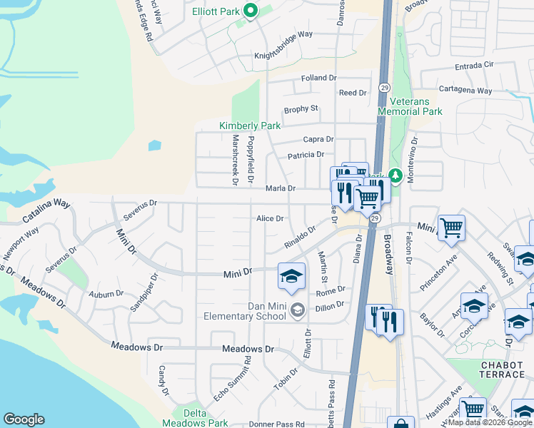 map of restaurants, bars, coffee shops, grocery stores, and more near 1900 Alice Drive in Vallejo