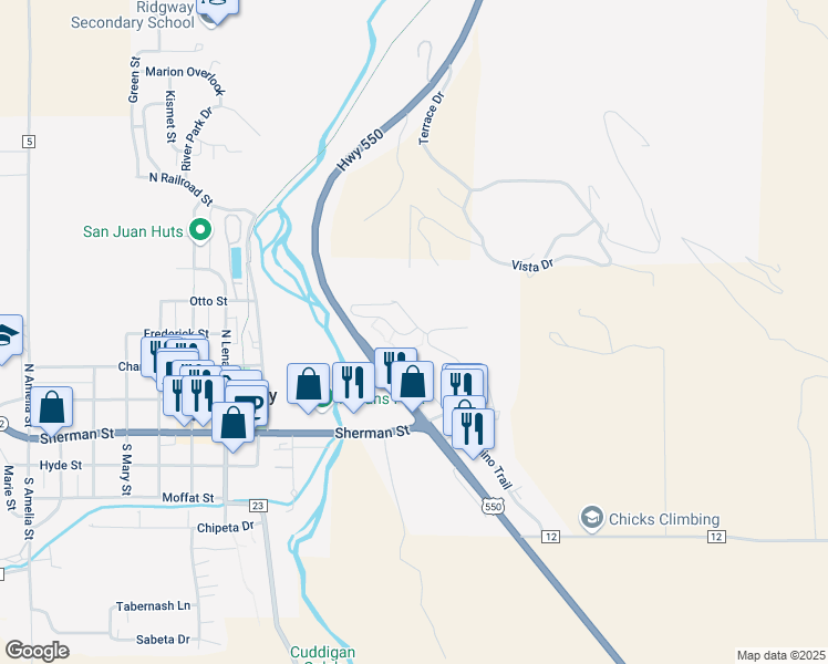 map of restaurants, bars, coffee shops, grocery stores, and more near 23226-23652 U.S. 550 in Ridgway