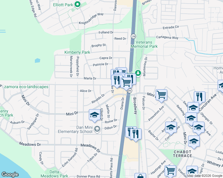 map of restaurants, bars, coffee shops, grocery stores, and more near 105 Danrose Drive in Vallejo