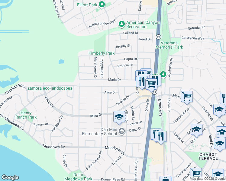 map of restaurants, bars, coffee shops, grocery stores, and more near 1524 Elliott Drive in Vallejo