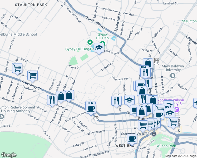 map of restaurants, bars, coffee shops, grocery stores, and more near 640 Alleghany Avenue in Staunton