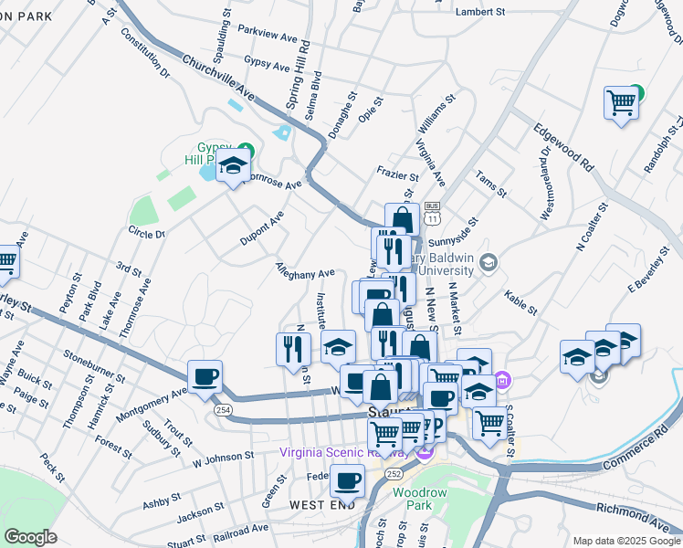 map of restaurants, bars, coffee shops, grocery stores, and more near 321 Institute Street in Staunton