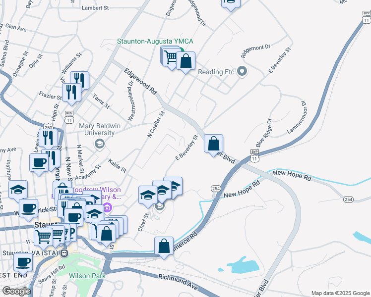 map of restaurants, bars, coffee shops, grocery stores, and more near 650 East Beverley Street in Staunton
