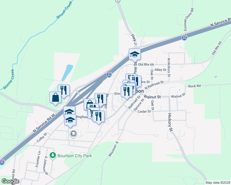 map of restaurants, bars, coffee shops, grocery stores, and more near 270 Merkel Street in Bourbon