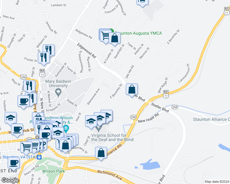 map of restaurants, bars, coffee shops, grocery stores, and more near 2 Waverley Green in Staunton