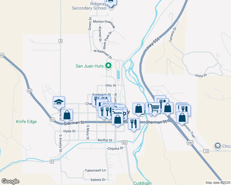 map of restaurants, bars, coffee shops, grocery stores, and more near in Ridgway