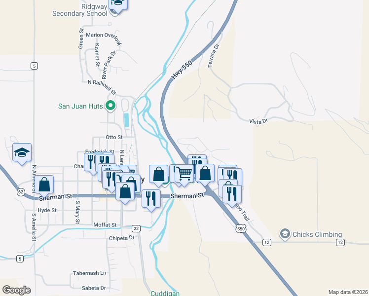map of restaurants, bars, coffee shops, grocery stores, and more near 23424-23466 U.S. 550 in Ridgway