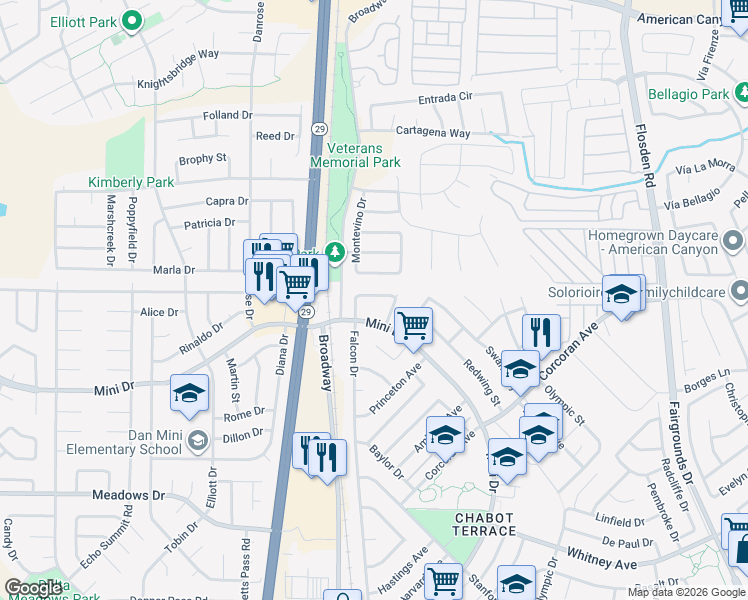 map of restaurants, bars, coffee shops, grocery stores, and more near 933 Mini Drive in Vallejo