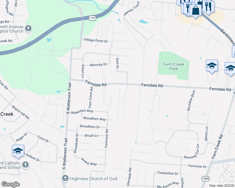 map of restaurants, bars, coffee shops, grocery stores, and more near 6302 Labor Lane in Louisville