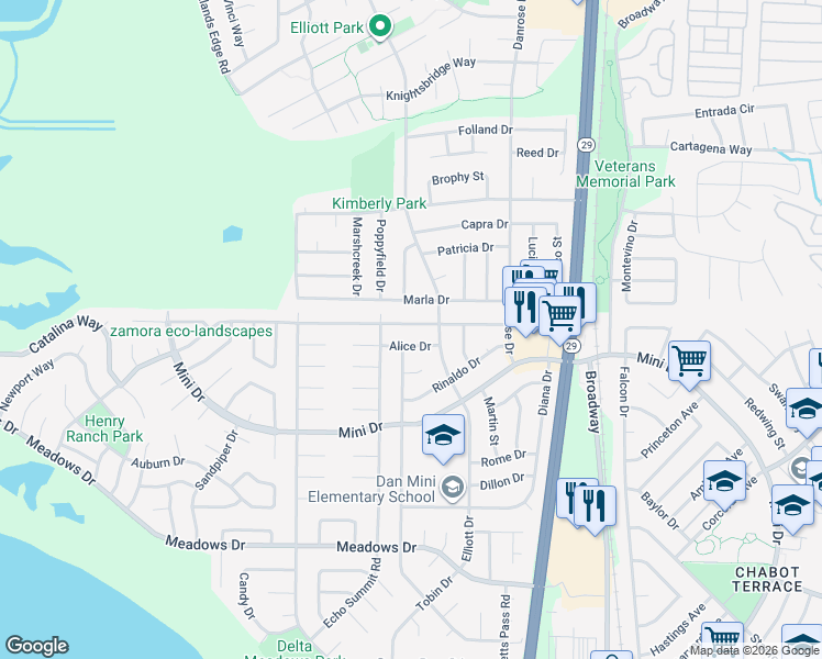 map of restaurants, bars, coffee shops, grocery stores, and more near 503 Marla Drive in American Canyon