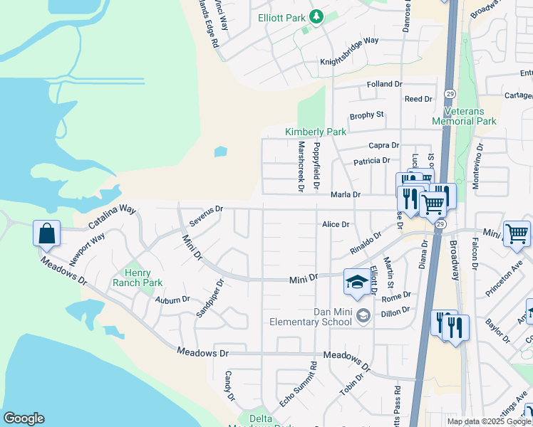 map of restaurants, bars, coffee shops, grocery stores, and more near 553 Marla Drive in American Canyon