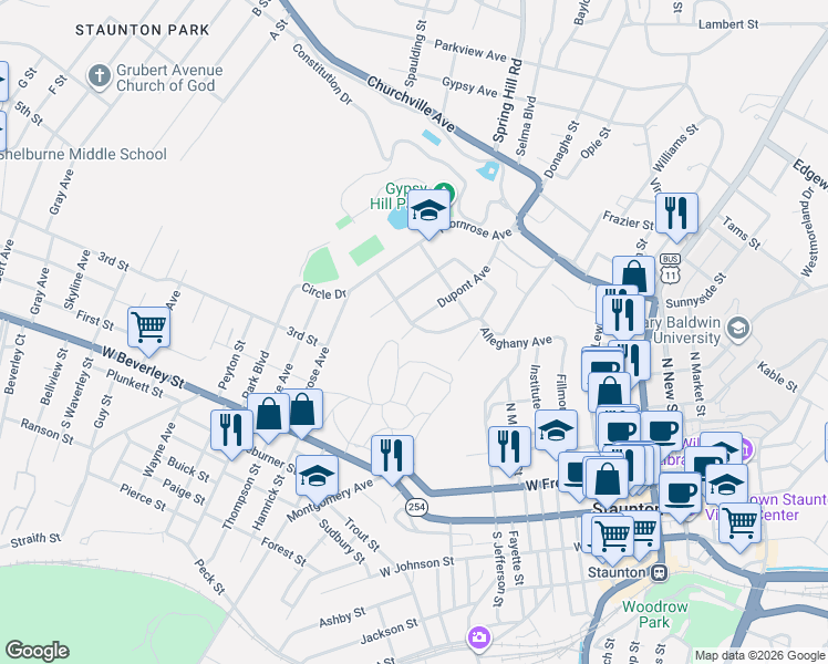 map of restaurants, bars, coffee shops, grocery stores, and more near 320 Dupont Avenue in Staunton