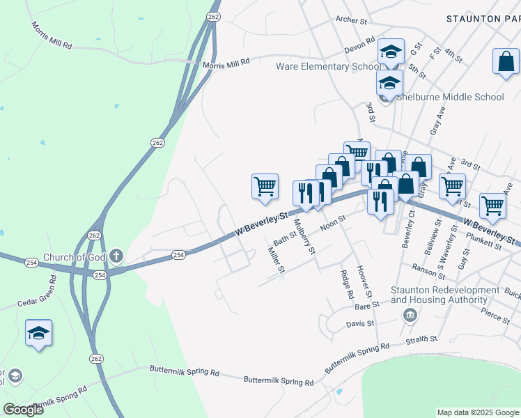 map of restaurants, bars, coffee shops, grocery stores, and more near 2411 West Beverley Street in Staunton