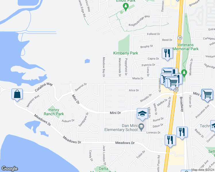 map of restaurants, bars, coffee shops, grocery stores, and more near 1707 Severus Drive in Vallejo