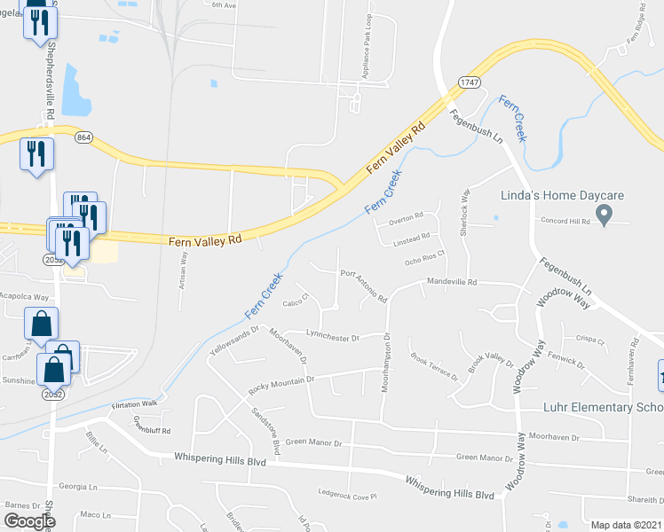 map of restaurants, bars, coffee shops, grocery stores, and more near 6113 Port Antonio Road in Louisville