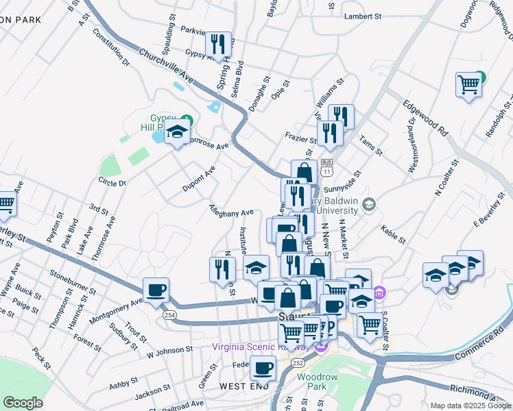 map of restaurants, bars, coffee shops, grocery stores, and more near 437 Albemarle Avenue in Staunton