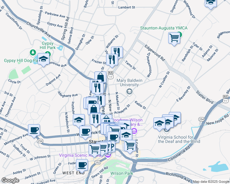 map of restaurants, bars, coffee shops, grocery stores, and more near 402 North Market Street in Staunton