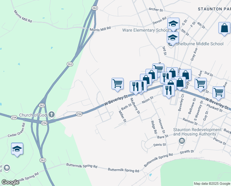 map of restaurants, bars, coffee shops, grocery stores, and more near 2411 West Beverley Street in Staunton
