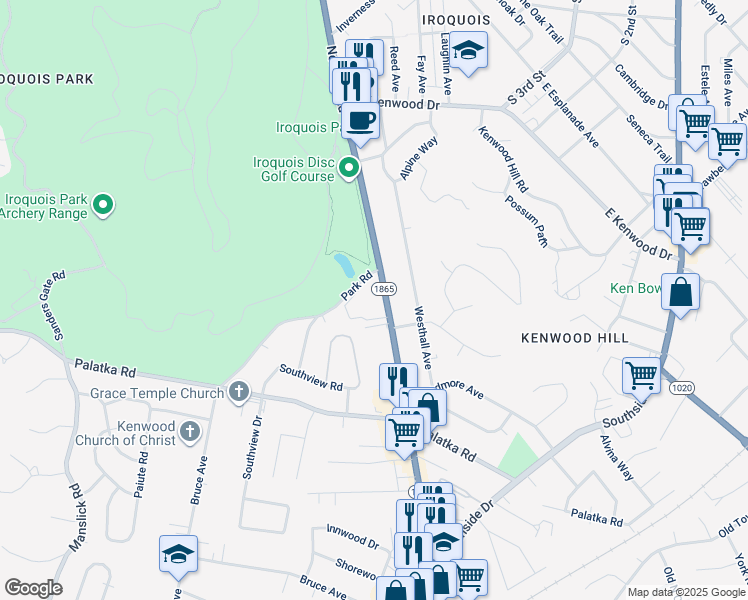 map of restaurants, bars, coffee shops, grocery stores, and more near 518 Iroquois Garden Drive in Louisville