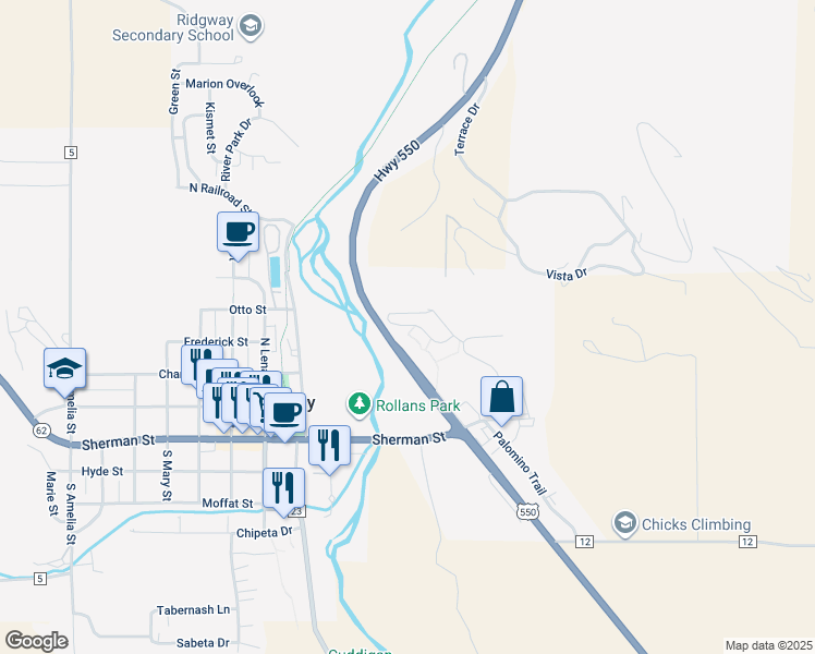 map of restaurants, bars, coffee shops, grocery stores, and more near Redcliff Circle in Ridgway